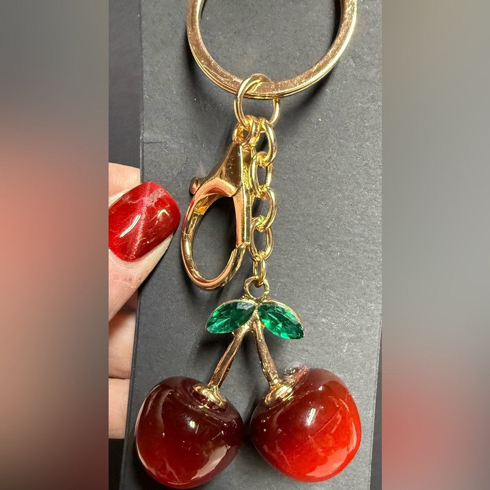 NWT Gold Cherry Chunky Keychain / Bag Charm with Green Leaves